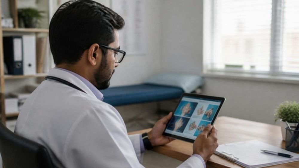 A doctor reviewing educational content on a tablet
