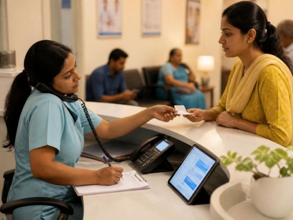 A clinic front desk handling a patient