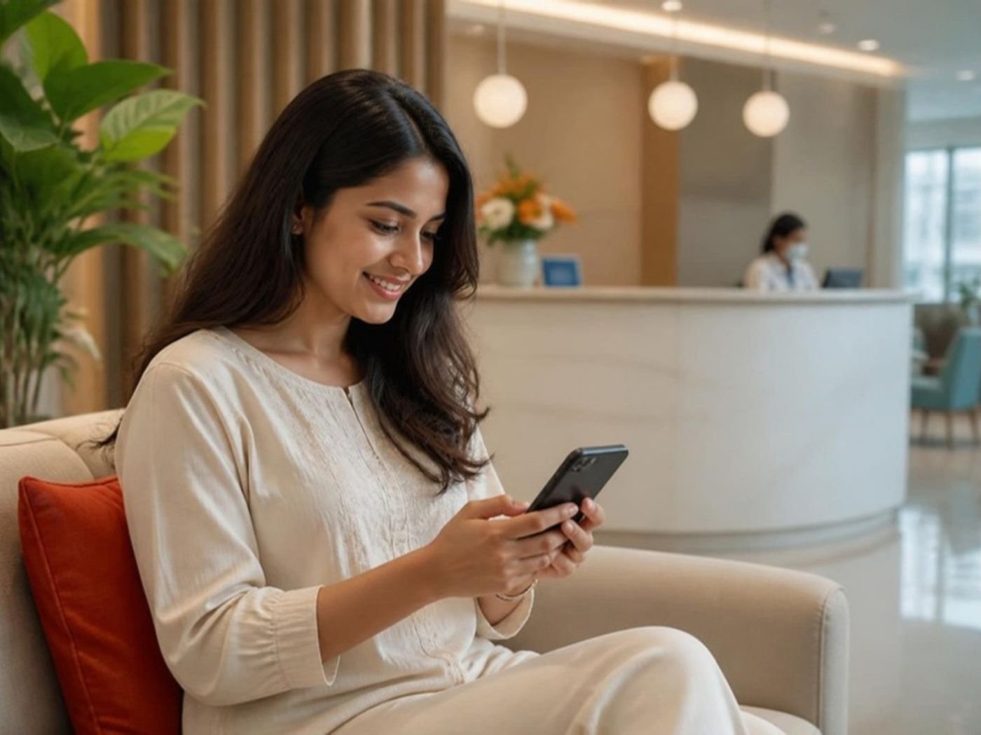 A patient messaging a clinic on her phone in a waiting area