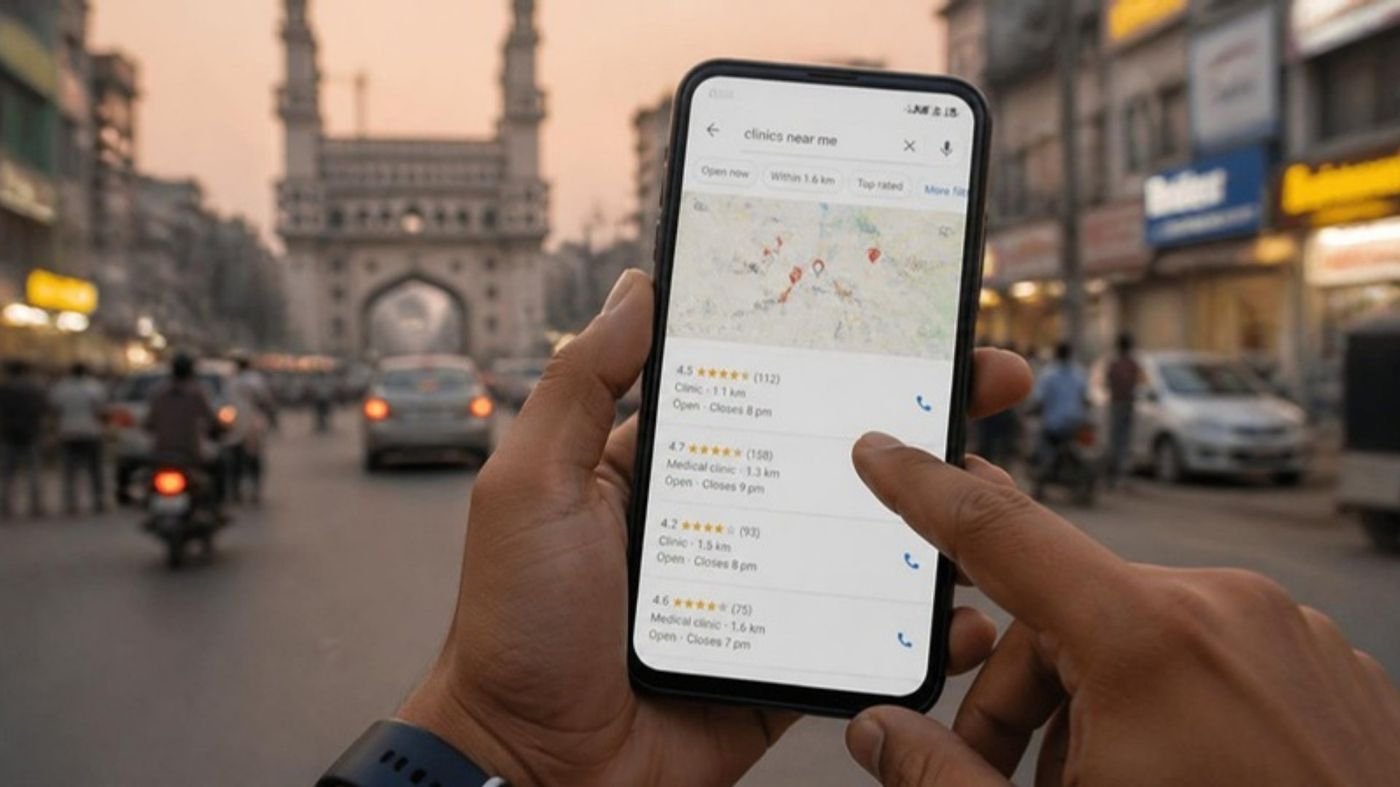 A phone showing nearby clinics on a map