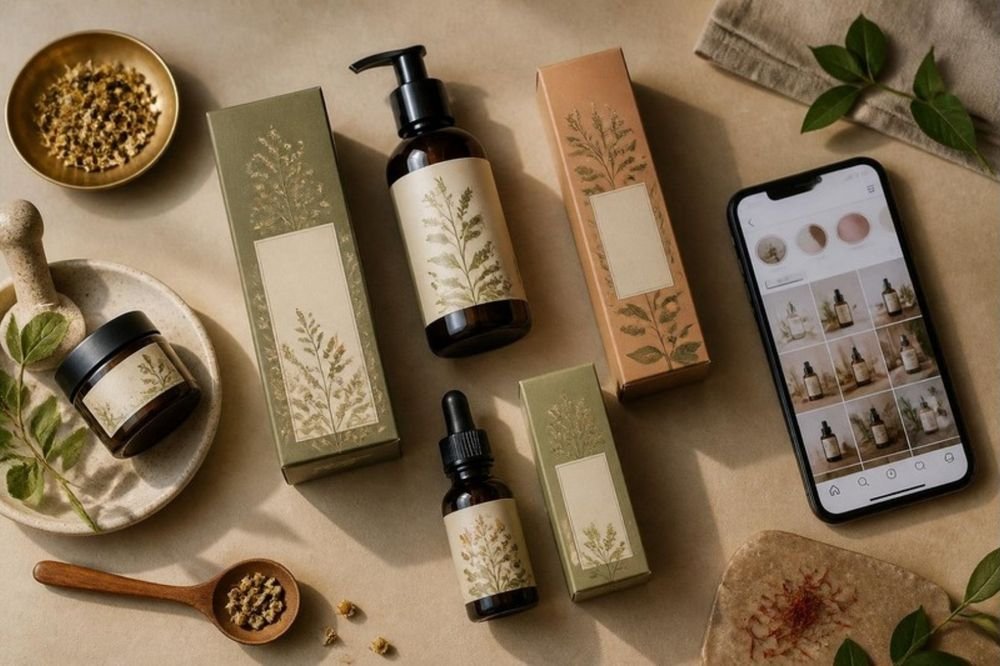 Brand products beside a phone showing a social media feed (AI-generated illustration)